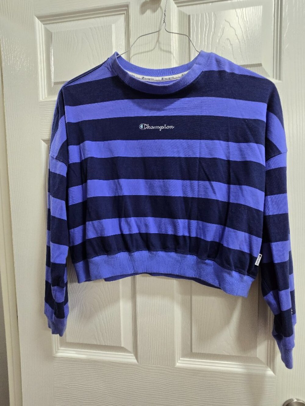 Champion Womens Large Sweatshirt Stripe Cropped Logo LS Crewneck Gym Baggy
